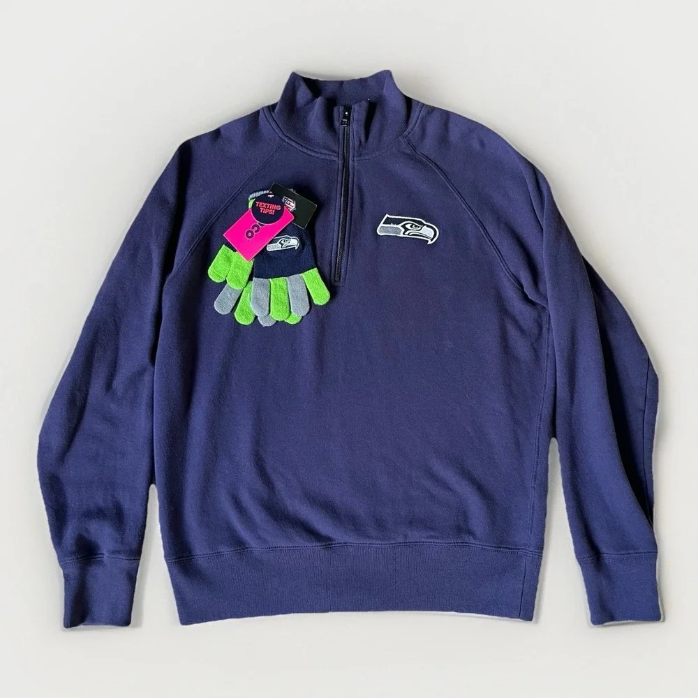 Seattle Seahawks OTS Pullover Mens L Blue 1/4 Zip Long Sleeve Sweater And Gloves